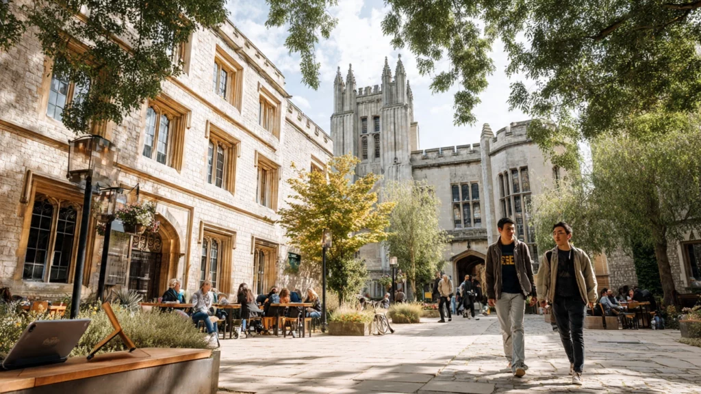A picturesque European university campus courtyard with international students walking and chatting