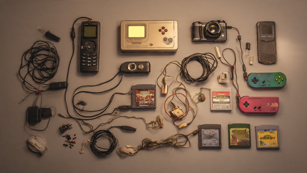 Open junk drawer containing forgotten gadgets such as an old flip phone, disposable camera, MP3 player, vintage game cartridges, and retro tech accessories.
