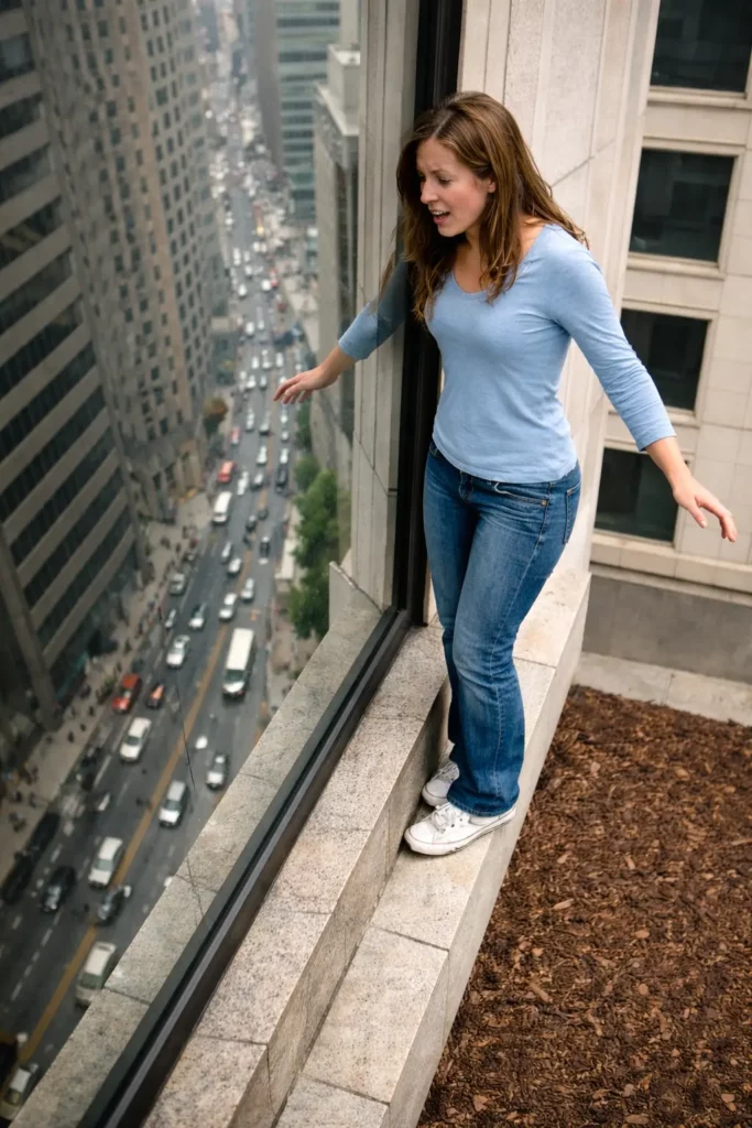 Woman Standing on a Window Ledge