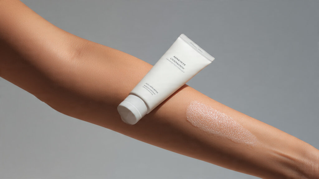 A clean, clinical-style image showing a dermatologist-approved eczema moisturizer next to calm, hydrated skin on an arm. Soft neutral lighting, minimal background, medical skincare aesthetic, no text, no branding.

