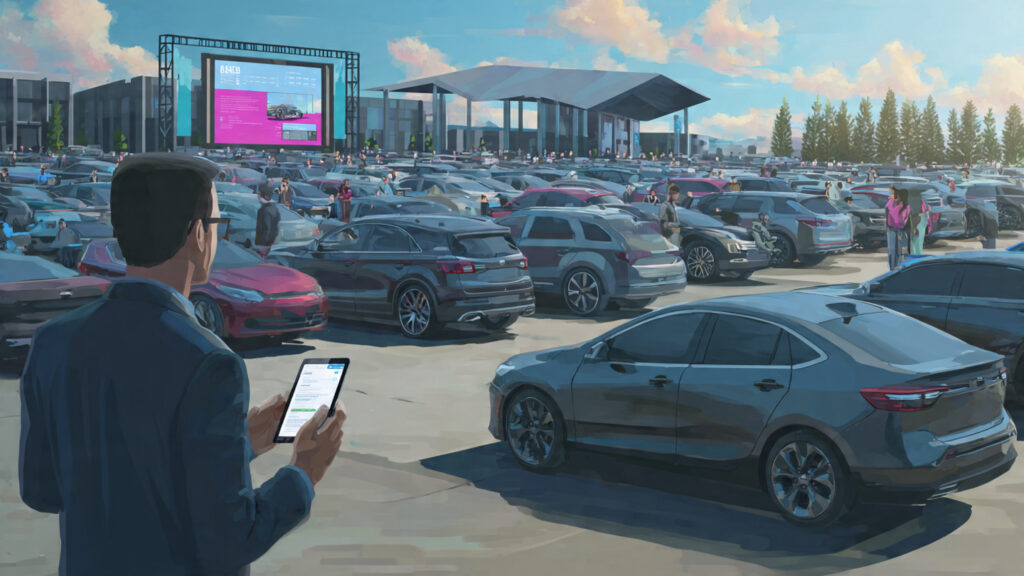 Modern vehicle auction in 2026 showing buyers bidding on used cars at a public auction with digital displays and online participation