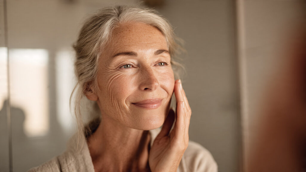 Senior woman applying wrinkle cream in a bathroom mirror, representing gentle and confident skincare for mature skin.
