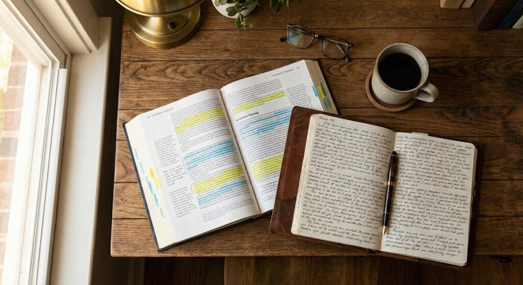 A study desk featuring an open theology textbook, a journal for reflection, and coffee, illustrating how to study theology at home.