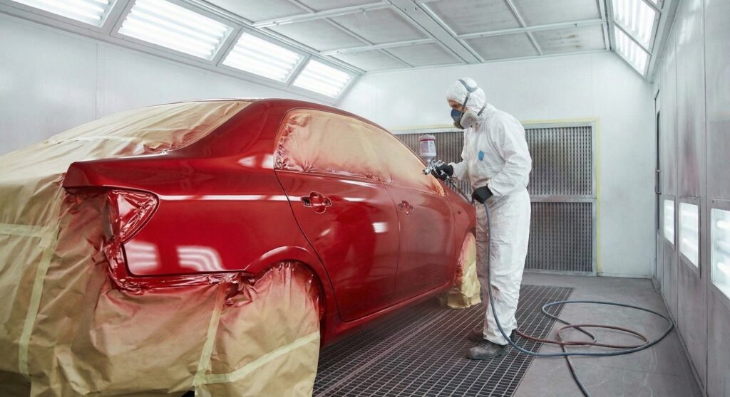 Auto body technician applying red paint to a car in a professional paint booth during the repaint process.