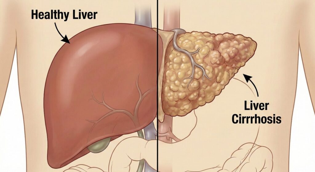 Medical illustration comparing a healthy human liver with a scarred, nodular liver showing signs of cirrhosis.