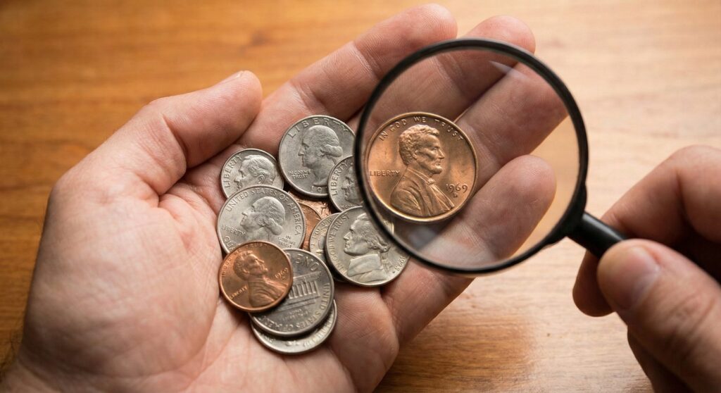 A person using a magnifying glass to look for these 5 potentially valuable coins in your change, focusing on a rare 1969 penny.
