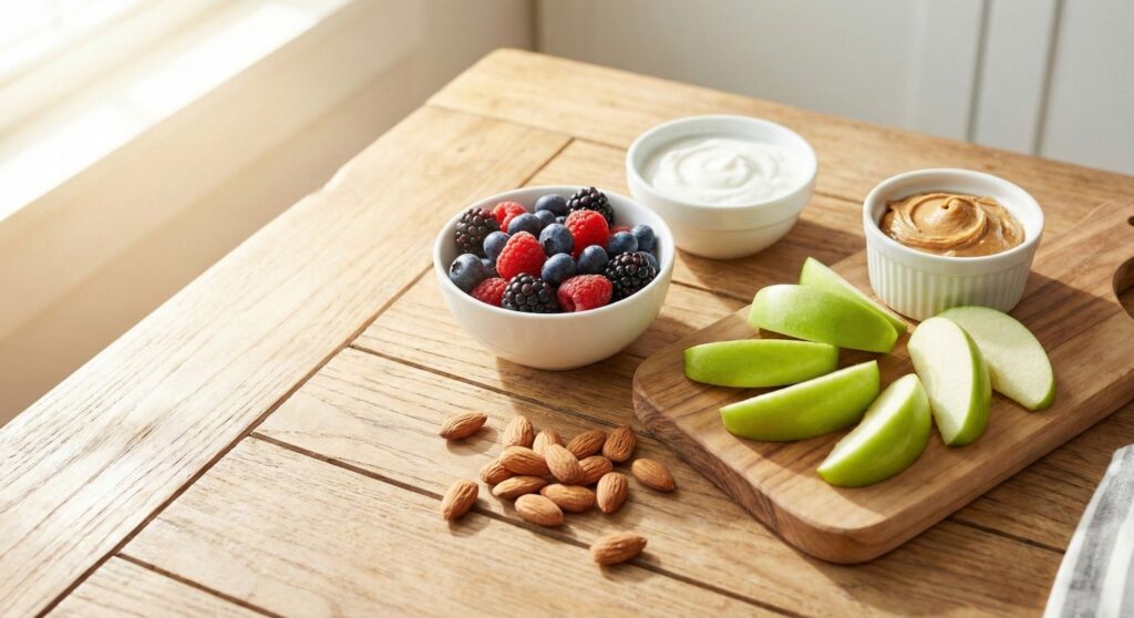 An assortment of simple and tasty diabetes-friendly snacks including berries, Greek yogurt, apples, peanut butter, and almonds arranged on a wooden table.