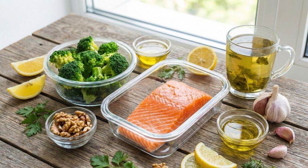 Healthy foods for fatty liver including salmon, broccoli, walnuts, and green tea arranged on a table.