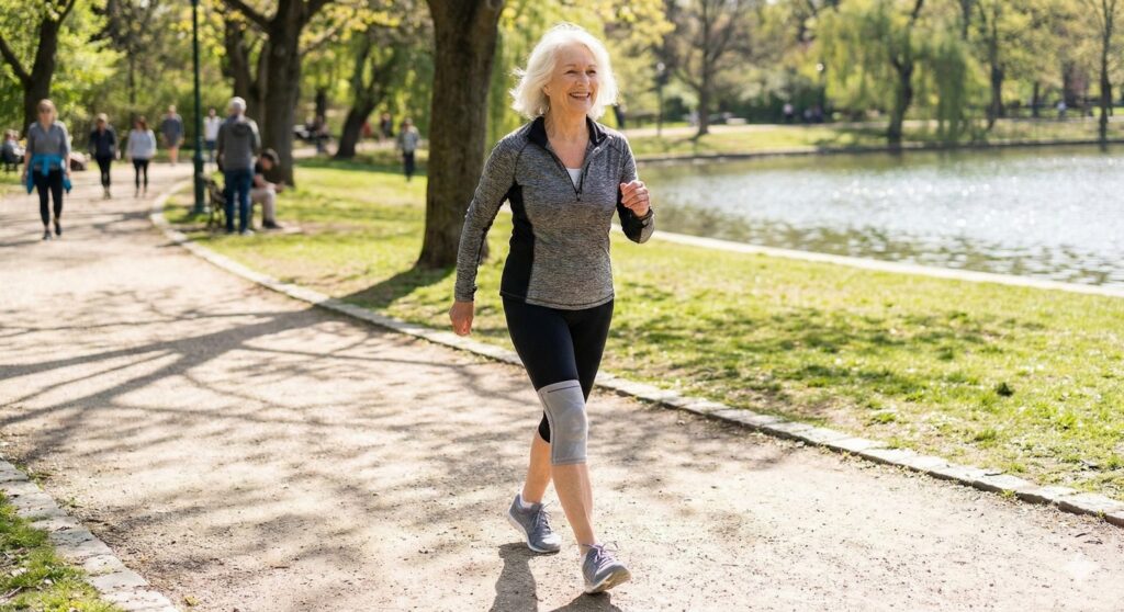 Senior woman walking outdoors representing effective knee pain relief and mobility recovery for older adults.