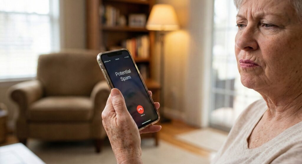 Senior citizen looking skeptically at a phone screen displaying a potential scam call, illustrating awareness of phone scams targeting seniors.