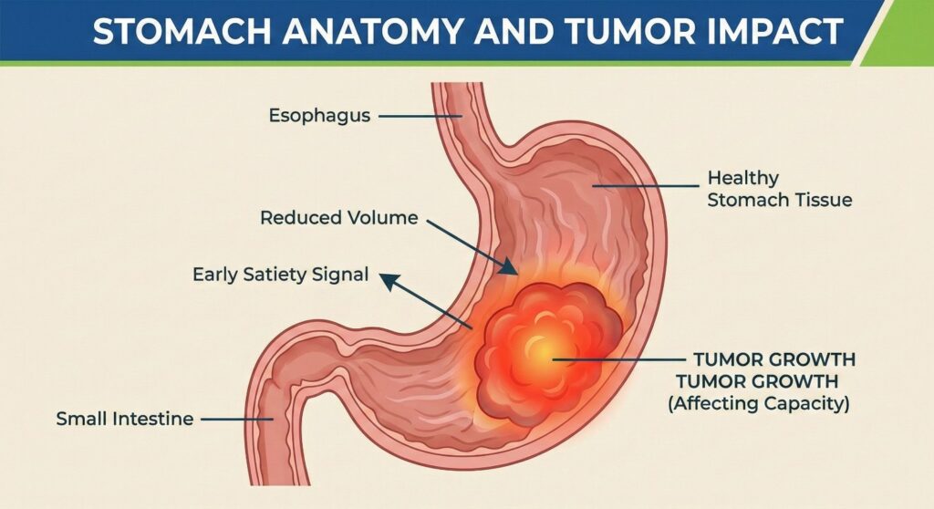 Medical illustration of stomach anatomy showing how a tumor can cause early satiety and fullness.