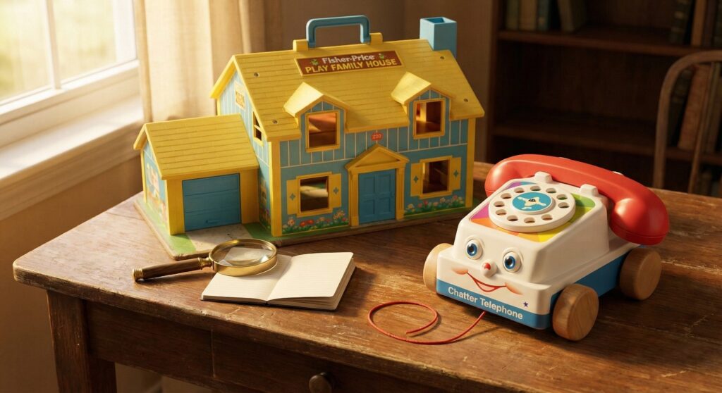 Vintage Fisher-Price Little People house and Chatter Telephone on a table, illustrating vintage baby toys value.
