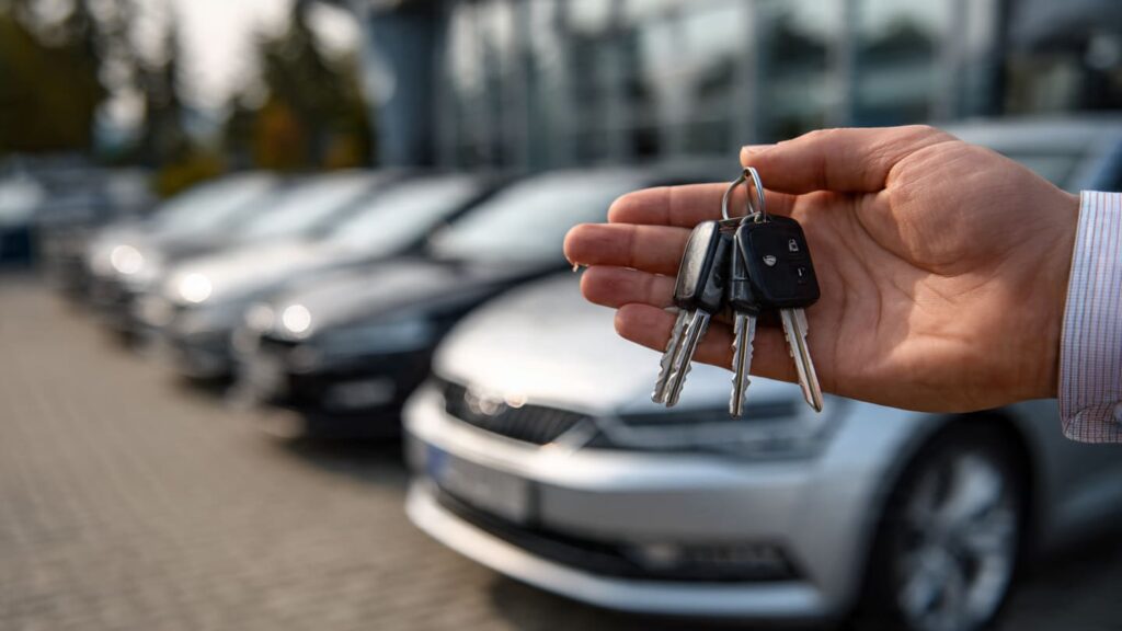A buyer inspecting a high-quality pre owned vehicle at a local dealership.