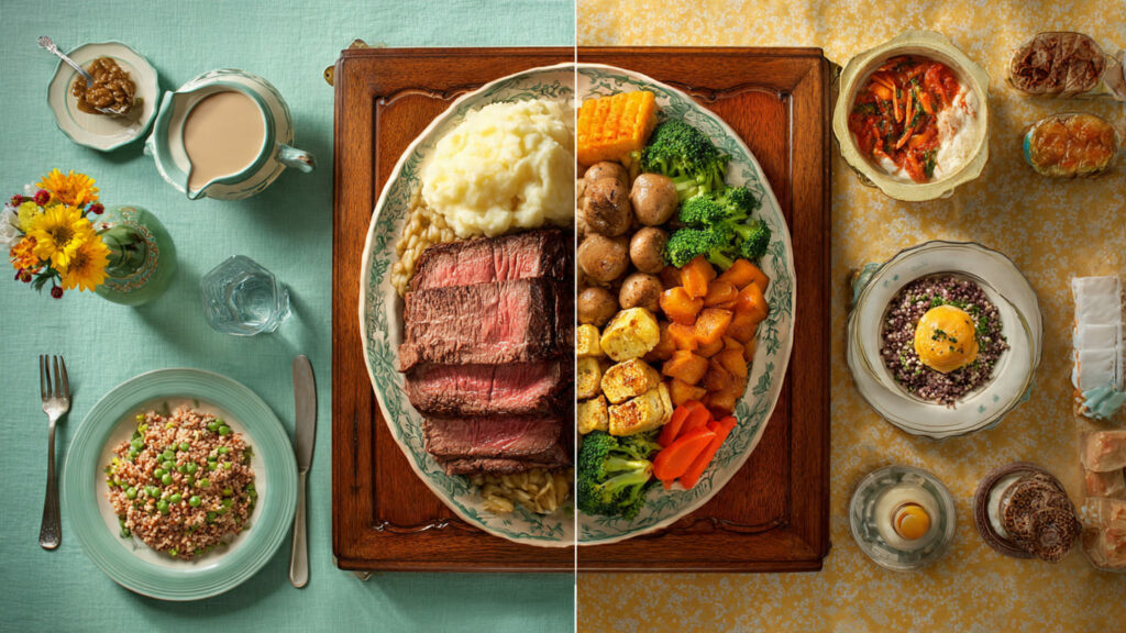A visual comparison of a traditional 1950s Sunday roast and a modern global healthy Sunday dinner