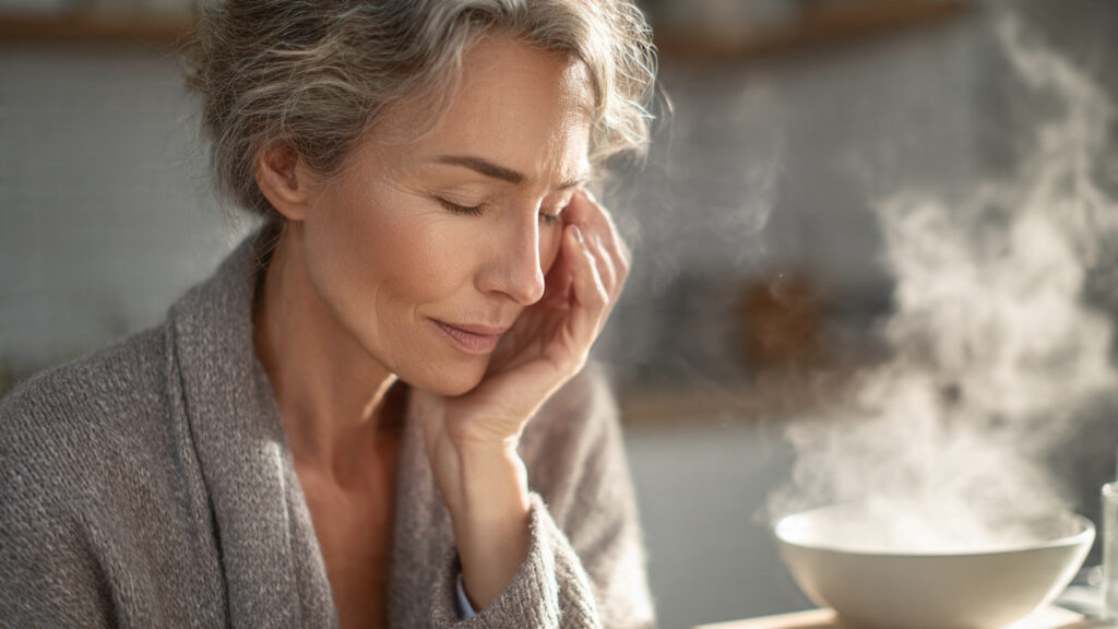 Person using gentle at-home methods to clear blocked sinuses, including steam inhalation and warm compress for sinus congestion relief.