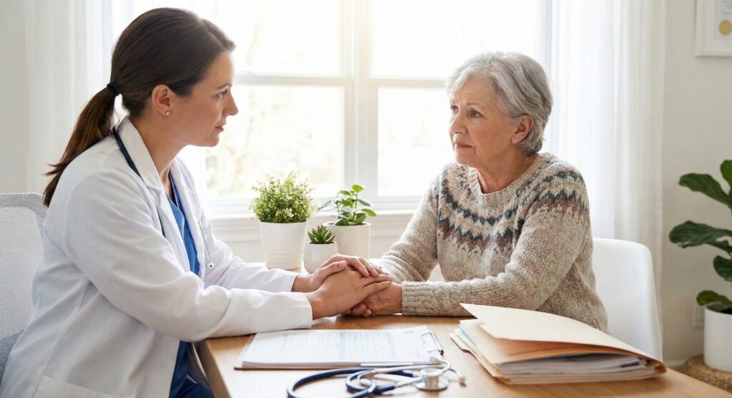 A compassionate doctor discussing the common overlooked indicators of depression among senior women during a medical consultation.