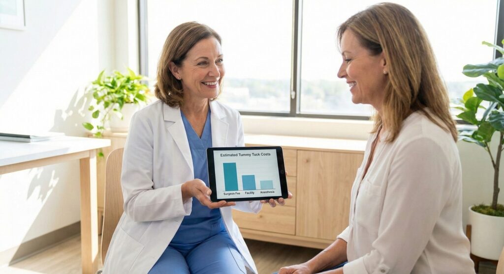 Doctor discussing tummy tuck pricing breakdown with a patient in a consultation room.