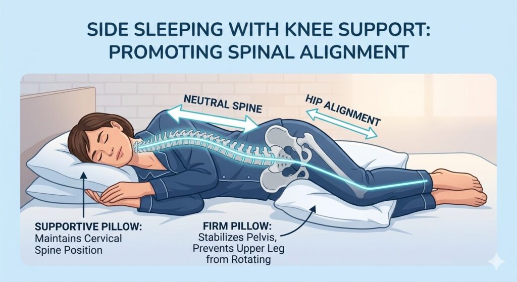A diagram showing a person sleeping on their side with a firm pillow between their knees, with arrows indicating the neutral alignment of the spine and hips.