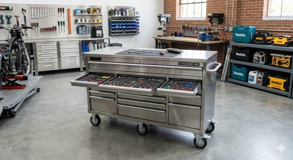 A clean, organized workshop with a large, professional-grade stainless steel tool chest in the center, featuring open drawers and high-quality casters.