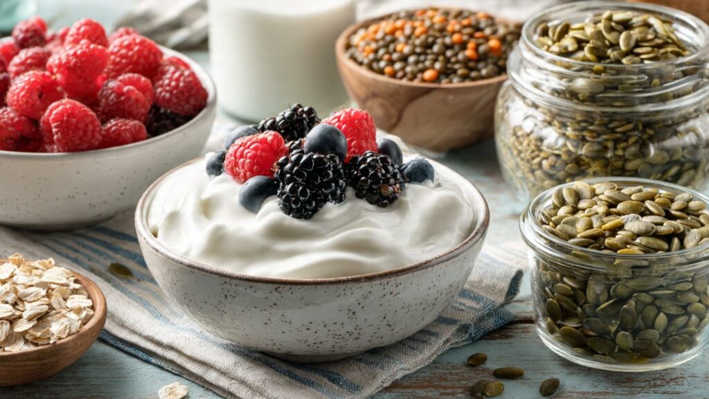 A variety of high-protein foods for seniors including Greek yogurt, lentils, and quinoa on a sunny kitchen table.