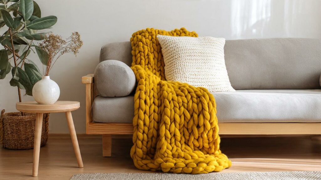 A modern sofa styled with a statement chunky knit throw blanket and a minimal pillow arrangement for a cozy home trend.