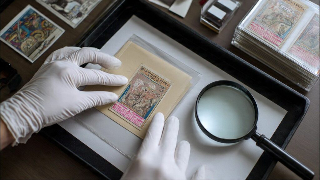 A clean workspace showing a collector wearing white gloves, carefully placing a 1950s baseball card into a protective plastic sleeve next to a magnifying glass.