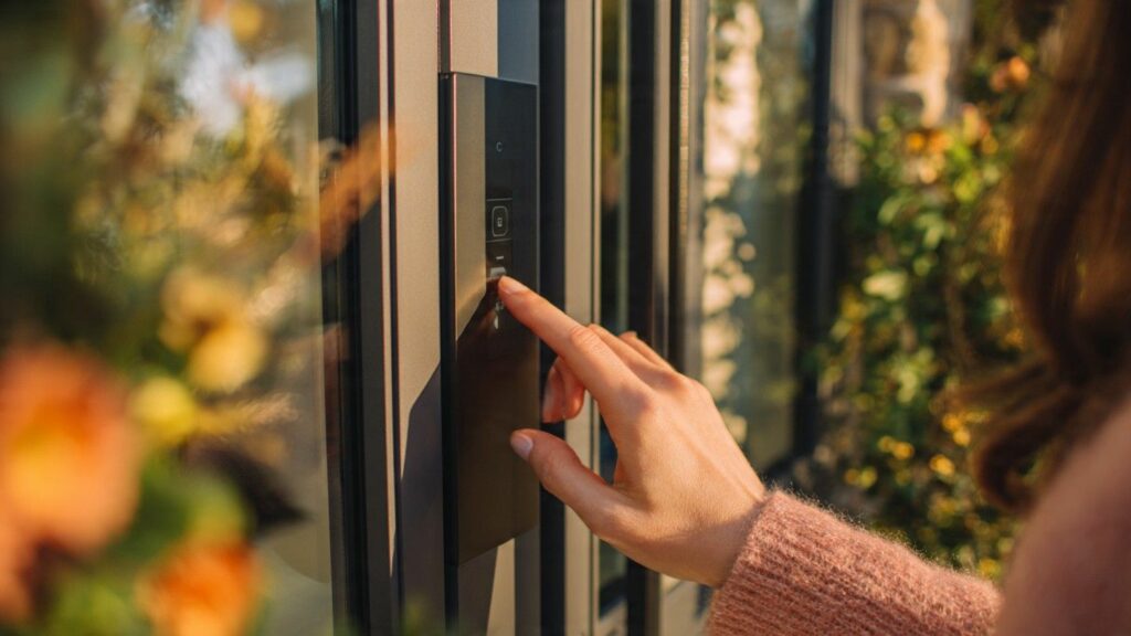 A close-up of a modern, stylish front door with a vertical glass side lite being inspected by a homeowner, showing the thickness of the security glass.