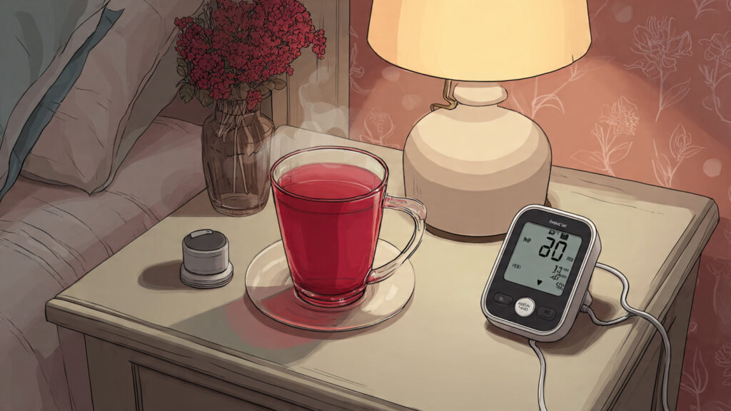 A healthy BP drink like hibiscus tea on a nightstand next to a blood pressure monitor in a relaxing evening setting.