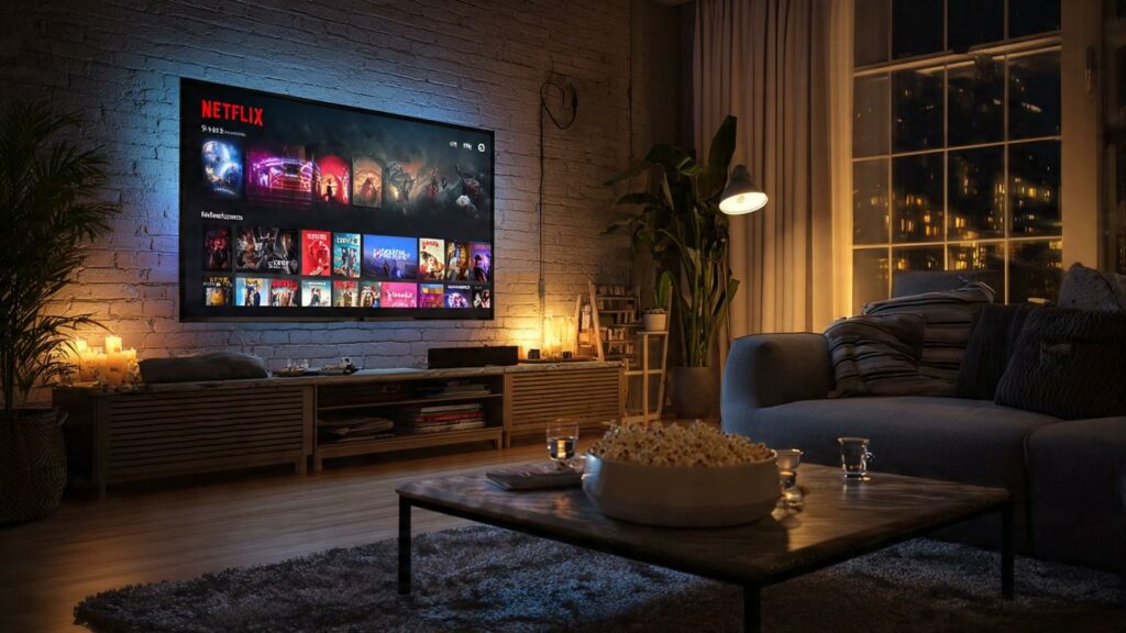 A living room setup ready for a Netflix binge session featuring popular show thumbnails on the TV screen.
