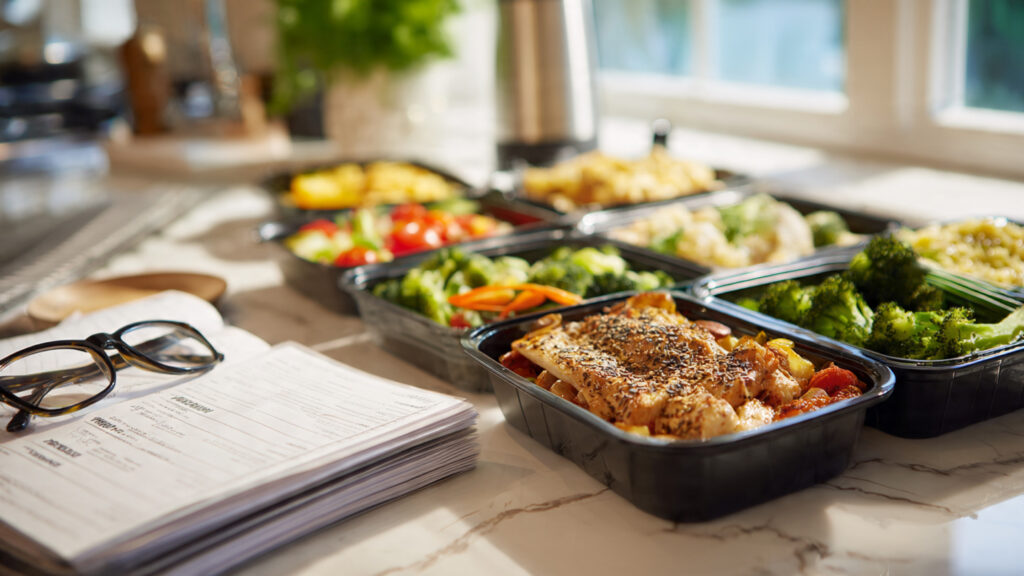 Healthy fully prepared meal delivery containers for seniors sitting on a counter next to Medicare 2026 informational materials.