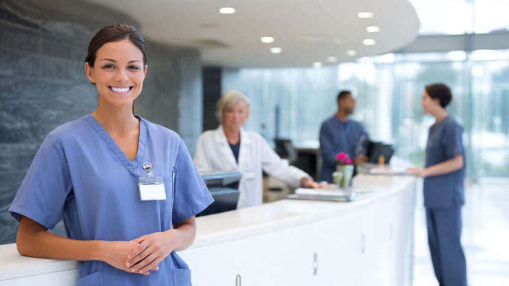 A hospital environment showing staff in entry-level roles such as front desk, patient assistance, and support services working together
