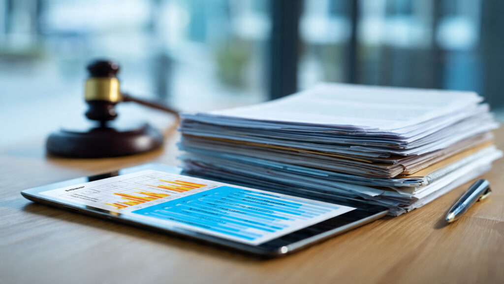 Documents and a digital tablet showing a workers' compensation settlement evaluation process for 2026.