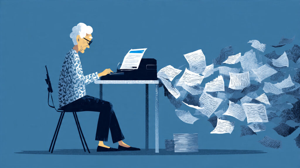 A senior person sitting at a desk with a computer, looking at the official Social Security website, while holding a shredded document, symbolizing safety and vigilance.
