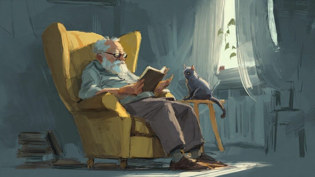 A senior man enjoying a quiet afternoon with his cat, illustrating a perfect companion for elderly people.