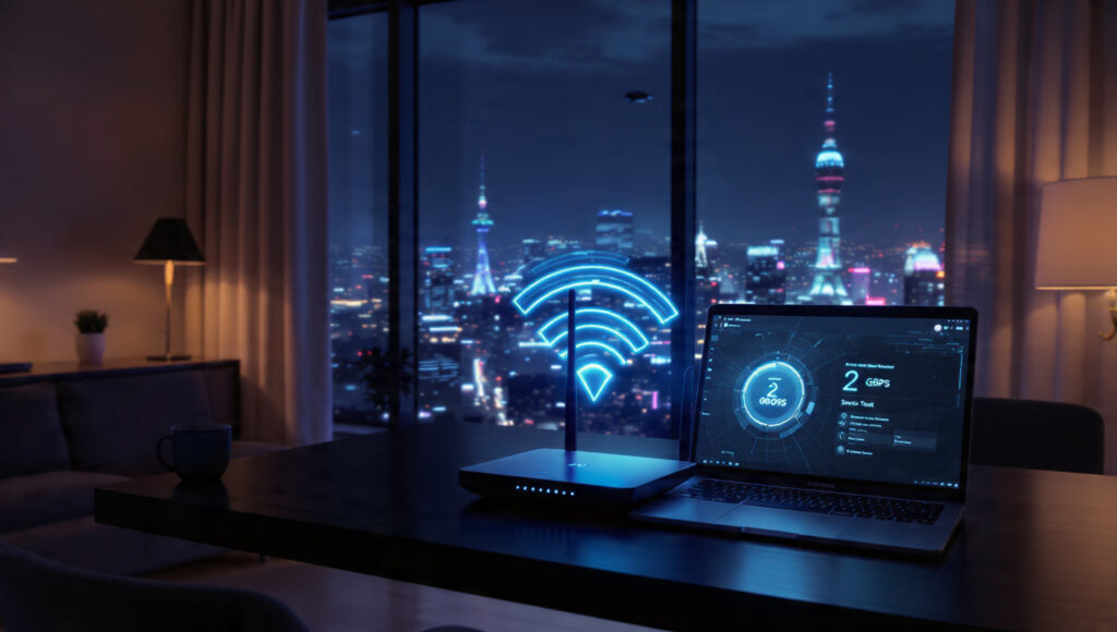 Wi-Fi 7 router and a laptop displaying high-speed internet results in a 2026 home office.