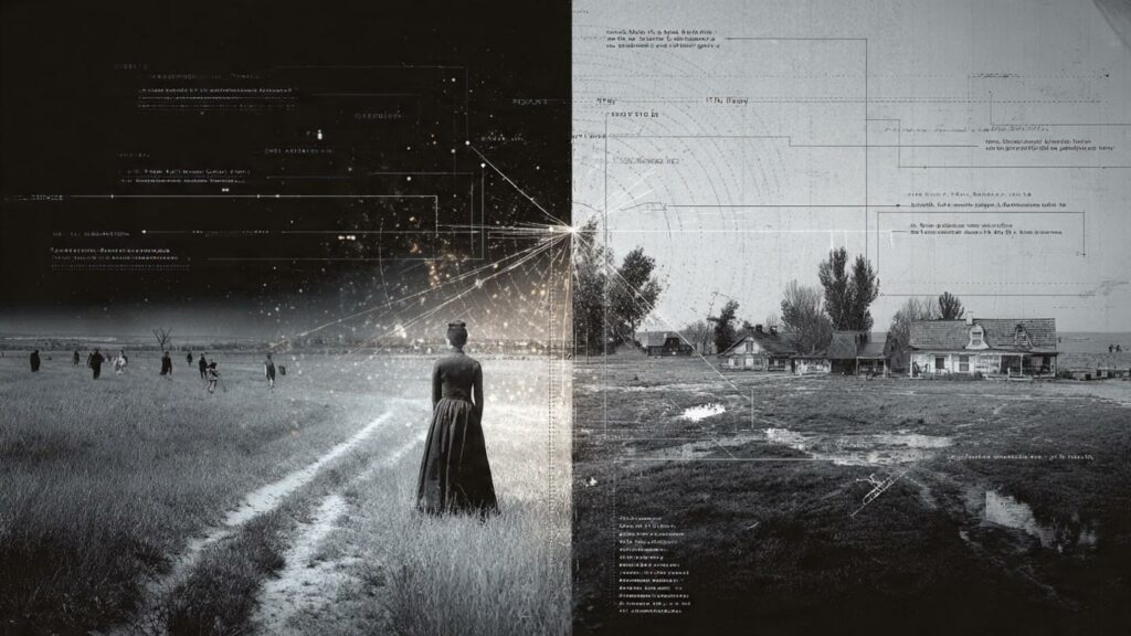 A split-screen visual showing a grainy, mysterious black-and-white historical photo on the left and a clear, modern diagram explaining the physics or history of the scene on the right.