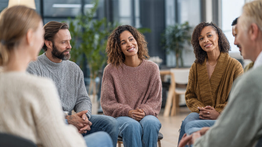 A supportive family group sitting in a circle during a therapy session, with a focus on a counselor guiding a calm and respectful conversation.
