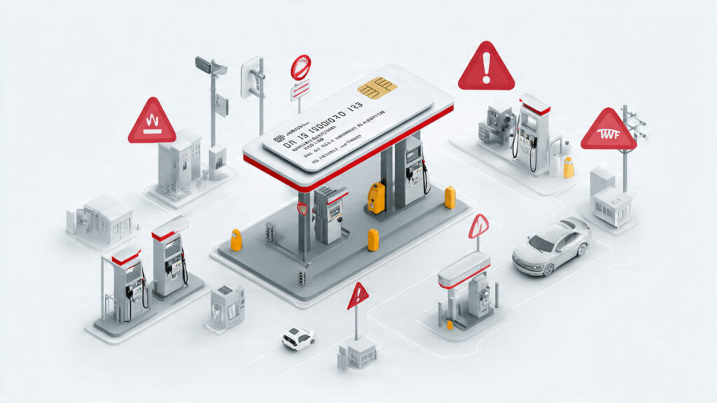 A visual showing a debit card with warning icons over locations like gas pumps, public Wi-Fi, and ATMs to represent risk areas
