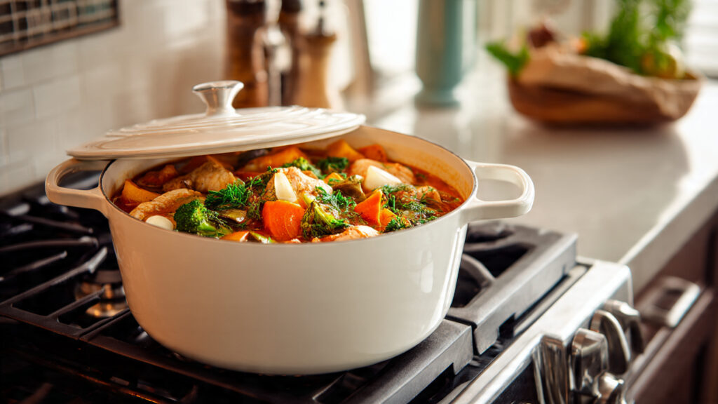 A healthy one-pot meal for seniors featuring chicken and vegetables in a ceramic pot.
