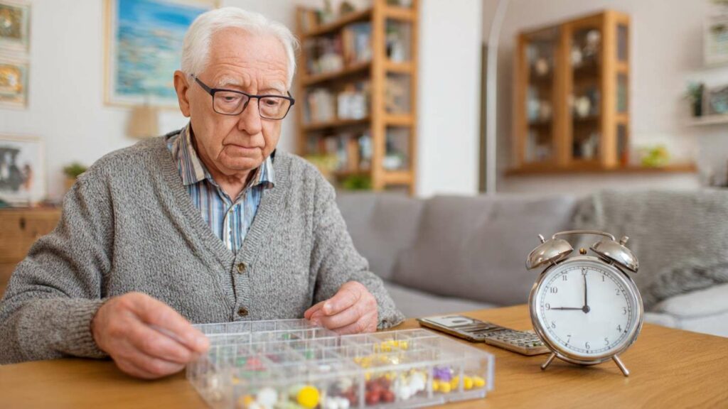 Elderly Parkinson’s patient checking medication schedule with pill organizer and clock, calm home setting