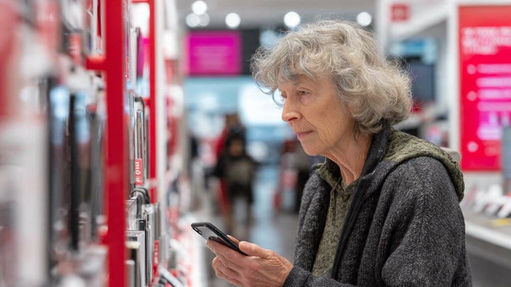 Older adult comparing smartphones in a Verizon store, looking at price tags and promotional signs, bright retail environment
